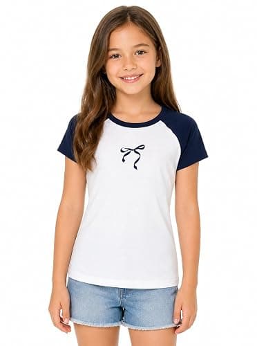 Ecolala Girls Shirts Crew Neck Contrast Raglan Short Sleeve Bow Graphic Tees Cotton Casual Cute Summer Tops thumbnail 2