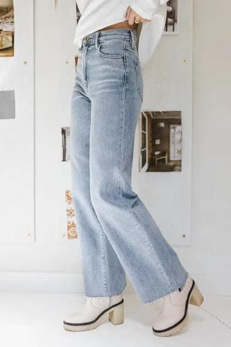 KDF Straight Leg Jeans for Women High Waisted Jeans Frayed Baggy Pants Raw Hem Loose Stretchy Cropped Wide Leg Jeans - 6 - #0921_light Blue(frayed Raw Hems) thumbnail 2