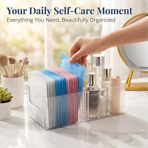 Imakmasion Face Mask Organizer, 4-Compartment Clear Plastic Sheet Mask Holder & Makeup Palette Storage, Vanity Storage Bin for Bathroom Counter, Cosmetic Organizer for Skincare, Eyeshadow & Brushes thumbnail 4