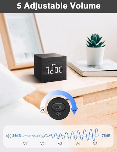 JALL Digital Alarm Clock, with Wooden Electronic LED Time Display, Dual Alarm, 2.5-inch Cubic Small Mini Wood Made Electric Clocks for Bedroom, Bedside, Desk, Black thumbnail 6