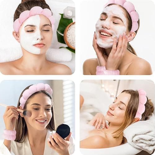 Spa Headbands for Washing Face Wristband Set Sponge Makeup Skincare Headband Wrist Towels Bubble Soft Terry Towel Cloth Hairband for Women Puffy Headwear Non Slip Thick Thin Hair Headwear (Light pink) thumbnail 3