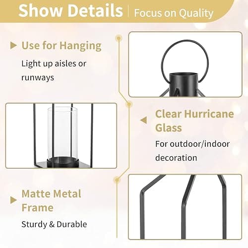 Nuptio Decorative Lantern Candle Holder: 2 Pcs Glass Hurricane Pillar Candles Holders Rustic Black Metal Hanging Lanterns Decor for Outdoor Wedding Farmhouse Home Fireplace Christmas Halloween thumbnail 6