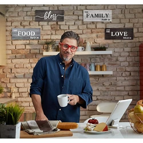 Creoate 4 Pieces Bless Food Family Love Signs for Kitchen Wall Decor Plaque, Home Farmhouse Rustic Decor, Wood Wall Hanging Decorations for Dining Room Kitchen, Christmas Gift for Home, Small (4 x 10 Inches) thumbnail 2
