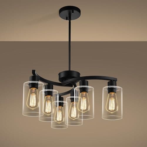 CNRATYE 6-Light Modern Farmhouse Black Chandelier, Contemporary Dining Room Light Fixture, Adjustable Height Hanging Industrial Pendant Lights Kitchen Island, Clear Glass Shade - Image 1
