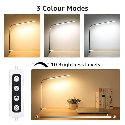 Lepro Small Desk Lamp with Clamp, LED Reading Lamps with 450LM, 3 Color Modes 10 Brightness, Dimmable USB Clip on Desk Light with Gooseneck Swing Arm for Nail, Home Office and Dorm (White) thumbnail 5