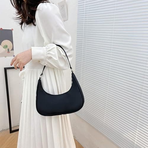 Aucuu Umhängetasche Damen Handtasche, Nylon Retro Achsel Tasche mit Pom-Pom-Schlüsselanhänger, Y2k Fashion Unterarmtasche mit Reißverschluss-Geschenk für Weihnachten und Geburtstag thumbnail 2