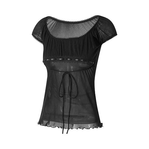 Women Fairy Grunge Y2k Shirts See Through Square Neck Lace Patchwork Tops Vintage Goth Aesthetic Clothing thumbnail 4