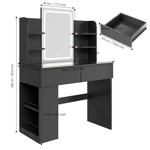 Airfish Dressing Table with LED Light,Vanity Desk with Mirror and Concealed LED Light Strip, MakeUp Desk with Two Drawers and One Sideboard (Black) thumbnail 2