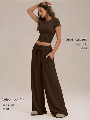 Trendy Queen 2 Piece Matching Summer Lounge Set Womens Side Ruching Top Wide Leg Pants Sets with Pockets thumbnail 3