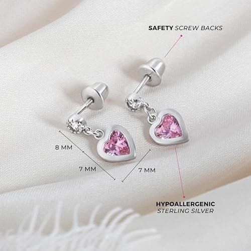In Season Jewelry CZ Dangle Heart Kids Earrings - 925 Sterling Silver Hypoallergenic Earrings for Girls with Secure Screw Backs - Safe & Comfortable for Toddlers, Kids & Little Girls thumbnail 4