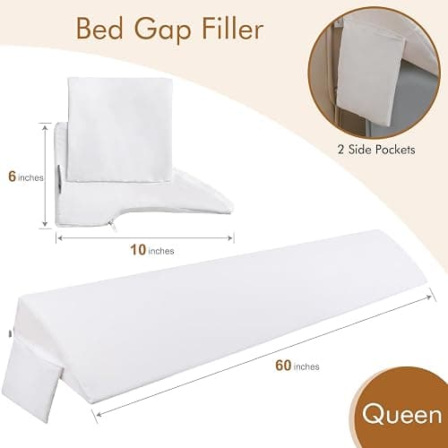 Vekkia Queen Bed Wedge Pillow for Headboard Gap Filler(0-5"),High-Density Foam,Prevent Pillow & Item from Falling,Ergonomic Design,Large Storage Pockets, Removable&Washable Cover,White,60''x10 x6 thumbnail 2