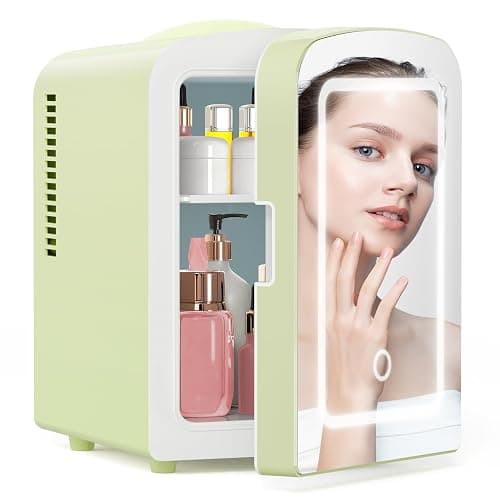 Xbeauty Skincare Mini Fridge With Dimmable LED Mirror, 4L Mini Makeup Refrigerator for SkinCare, Cosmetics, Food & Drinks, Portable Small Refrigerator for Bedroom, Dorm, Car, Office, Green - Image 1
