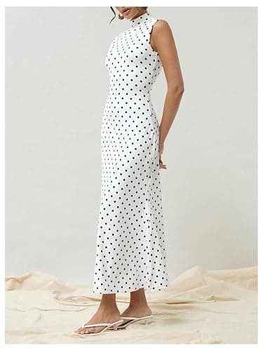 Milumia Women's Polka Dots Maxi Tank Dress Vintage Mock Neck Sleeveless Elegant Long Dresses thumbnail 3