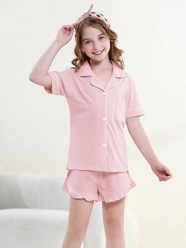 QZH.DUAO Girls & Women Pajama Sets 100% Cotton Sleepwear Button Down Short Sleeve With Ruffle Shorts PJS 5 Years-Large thumbnail 2