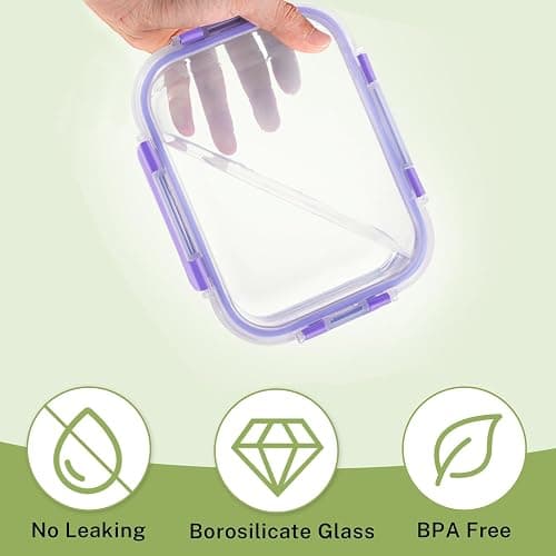 HOMBERKING 8 Pack Glass Food Storage Containers with Lids, Meal Prep Containers, Airtight Bento Boxes with Leak Proof Locking for Microwave, Oven, Freezer and Dishwasher, BPA Free, 5-35oz, purple thumbnail 5