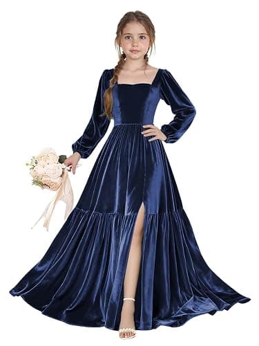 Chyrbaby Long Sleeve Velvet Junior Bridesmaid Dresses Girls Holiday Dresses with Slit Christmas Maxi Dress Formal Party Gown thumbnail 4