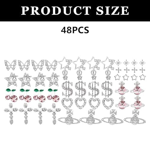 48 Stück Nägel Charms, Y2K Legierung Nail Charms 3D Herz Stern Kristall Glänzende Strasssteine Schmetterling Nageldekoration Zubehör für Nageldesign Nagelanhänger für DIY Nail Art thumbnail 2