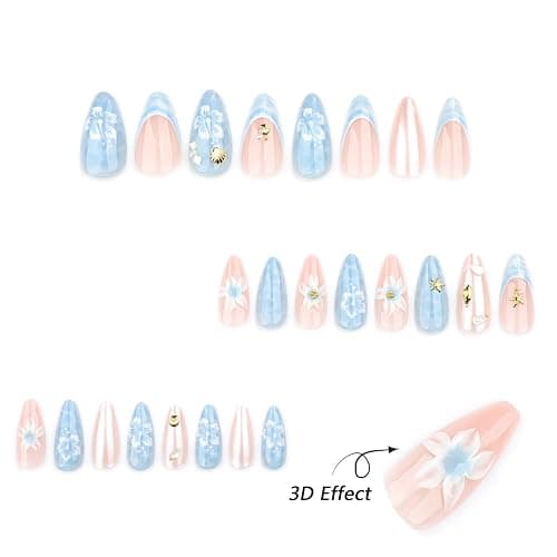 24Pcs French Tip Press on Nails Medium Almond Nails Starfish Fake Nails with 3D Flower Designs Conch Seashell Glue on Nails Summer Beach Acrylic Nails Blue Ocean False Nails Stick on Nails for Women thumbnail 2