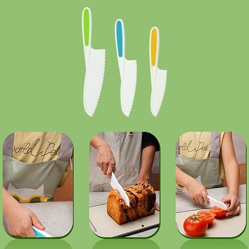 Kitchen Safety Knives for Kids, Children's Cooking Knives in 3 Sizes & Colors/Firm Grip, Serrated Edges for Vegetables, Fruits, Salad, Cake thumbnail 4