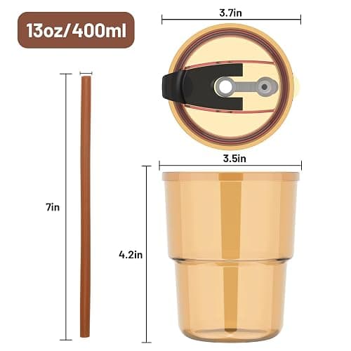 Luxfuel 13oz Tumbler Water Glass Cups with Straw and Lid, Reusable Iced Coffee Cups, Iced Tea, Sealed Carry-On Glass Tumbler for Travel, Home, Office, Party and Outdoor (Amber 2 Pack) thumbnail 3