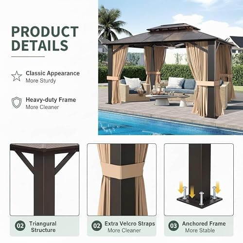 SOLUMIA 10x12 Hardtop Gazebo with Curtains & Netting, Double Roof Polycarbonate Canopy, Heavy-Duty Aluminum Frame Pergola for Patio, Garden, Deck – All-Weather UV & Rust Resistant thumbnail 4