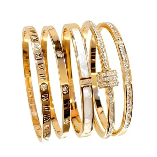 5-Piece Elegant Stainless Steel Bracelet Set, Fashionable Classic Design, Gold Bead Bracelets for Men and Women, Non Tarnish Bangle, Elegant Bracelet Set for Everyday and Formal Wear - Image 1
