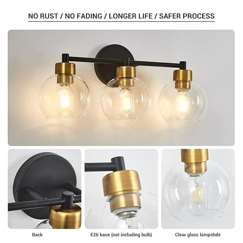 diniluse Black and Gold Bathroom Light Fixtures, 3 Lights Bathroom Vanity Light Round,Vanity Lights with Clear Globe Glass Shades, Wall Sconce for Mirror, Bedroom, Living Room, Kitchen - Gold - 3-Light thumbnail 5