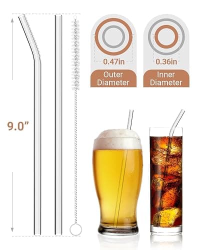 Foogwee® 20 Packs Reusable Glass Straws Set, 9'' x 12mm Clear Drinking Straws for Smoothies, Shakes, Coffee, Juice, Sodas, Milk, Tea, Cocktails, Set of 8 Straight and 8 Bent with 4 Cleaning Brushes thumbnail 2