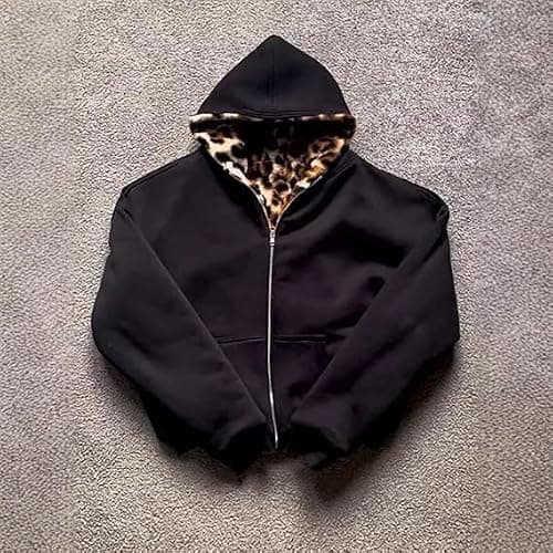 CUTEGAL Leopard Zip Up Hoodie Y2K Jacket Cheetah Print Oversized Streetwear | CUTEGAL,Reversible Style,Soft Fleece Lining,Casual Autumn Outfit,Grunge Fashion Aesthetic thumbnail 4