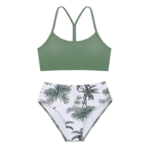 Weixinbuy Girls Swimsuits Bikini Set Kids Bathing Suit Bikini Top Bottom 2Pcs Teen Girls' Swimwear Set - Green - 9-10 Years
