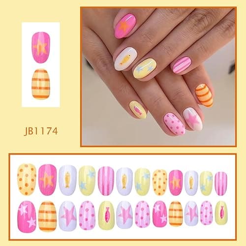 Short Oval Press On Nails Summer Fake Nails Star Fish With Polka Dot Line Design Cute False Nails Full Cover Artificial Glossy Stick On Nail Reusable Acrylic Nail For Women Manicure 24pcs thumbnail 2