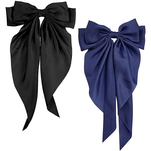 Bow Hair Clip, Hair Bows for Women Big Bowknot Hairpin French Hair Clips with Long Ribbon Solid Color Barrette Clips for Women Girls(Black+navy blue) - Image 1