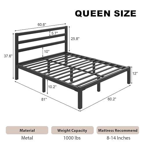 E-Motie Queen Size Bed Frame, Metal Platform Bed Frame with Headboard and Footboard, Underbed Storage Space, No Box Spring Needed, Easy Assembly,Black thumbnail 2