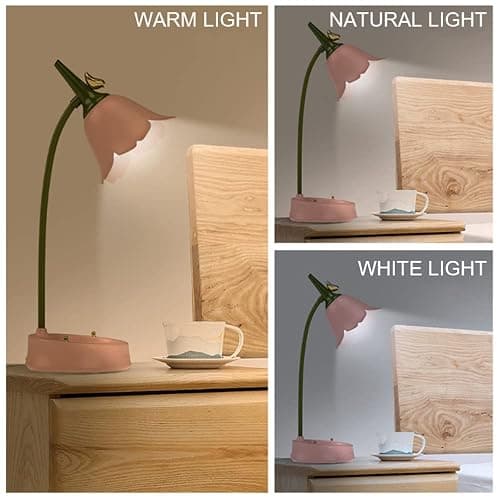 MAGICKK Flower LED Desk Lamp Cordless Table Light Adjustable Gooseneck Dimmable Touch Rechargeable Battery Student Bedroom Room Lighting Table Light House Decor (Pink) - Pink thumbnail 4