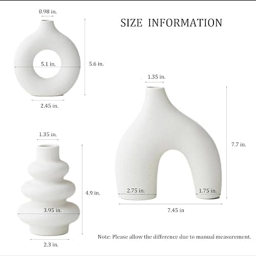 REONROCK White Ceramic Vases Set of 3, Minimalist Nordic Modern Style, Round Donut Vase for Dried Flowers, Pampas Grass & Fresh Blooms,Boho Home Decor for Table Shelf Living Room Office (White) thumbnail 2
