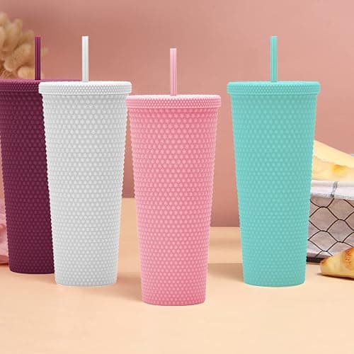 Essasea 24oz Fully Studded Tumbler.Matte Black Studded Tumbler with Lid and Straw.Reusable Double Walled Insulated Travel Tumbler.Plastic Acrylic Pastel Colored Tumbler Cup for Iced Coffee Smoothie. thumbnail 5