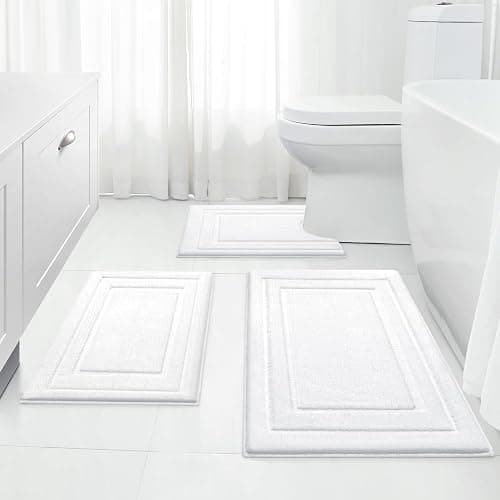HOMEIDEAS Bathroom Rugs Sets 3 Piece, Super Soft and Absorbent Non Slip Microfiber Toilet Bath Mat with U-Shaped (White) - Loop- White - Image 1