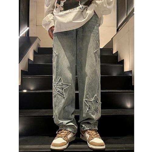 Y2K Vintage Men Korean Blue Streetwear Oversize Star Aesthetic Straight Trousers Wide Leg Jeans Grunge Denim Pants thumbnail 3