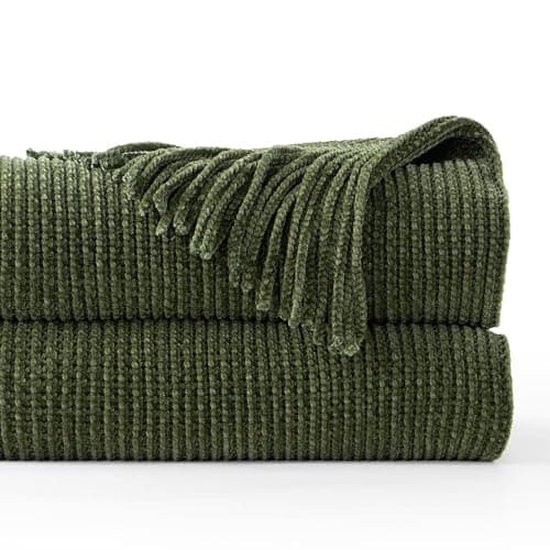 BATTILO HOME Olive Green Throw Blanket for Couch, Soft Chenille Knit Throws with Tassels for Home Decor, Green Blankets and Throws for Bed Couch Cover, 60"x80" - Image 1