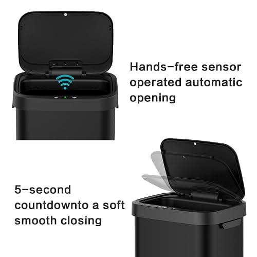 Upella 13 Gallon Stainless Steel Touchless Sensor Trash Can with, Wide Rectangular Design, Brushed Finish – Automatic Lid for Home, Office, Kitchen, Bathroom, and Commercial Use (Black) thumbnail 4