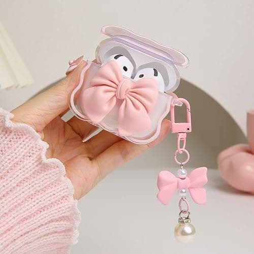QLD COVER Compatible with Apple AirPods 4 Generation 2024 Case Cover, Cute 3D Bow Tie Design Shockproof Soft Clear TPU Kawaii Airpods 4 Protector with Keychain for Women Girls, Pink Bow thumbnail 5
