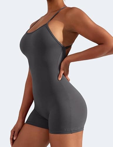 YEOREO Backless Tummy Control Jumpsuits for Women One Piece Workout Jumpsuits Sleeveless V Back Lizvette Scrunch Yoga Rompers - Dark Grey - Small thumbnail 3