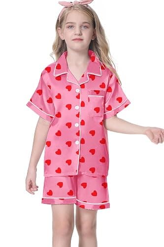 Umeyda Women & Girls Pajamas Set, Soft Satin Lightweight Silk Button-Down Top with Shorts 2 Piece PJS for Mom Boys Kids Gifts thumbnail 3
