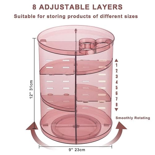 Rotating Makeup Organizer, DIY 8 Adjustable Layers 360 Spinning Skincare Organizers, Makeup Storage Carousel Tower with Brush Holder & Perfume Trays, Cosmetic Display Case for Vanity Bathroom - Clear Pink thumbnail 3