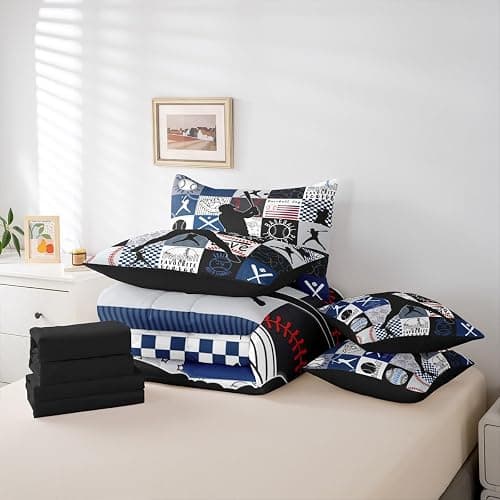 Sports Comforter Set 7-Piece Bed in a Bag Twin Bedding Sets for Boys,Geometric Grid Black Patchwork Baseball Bedding Sets Ball Player Games Comforter and Sheet Set,European Sport Softball Bed Set,Blue thumbnail 7