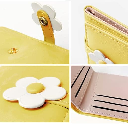 MEISEE Small Wallet for Girls Women Tri-folded Wallet Cash Pocket flowers Print Card Holder Coin Purse with ID Window elegant youthful and cute (2-yellow-2) thumbnail 6
