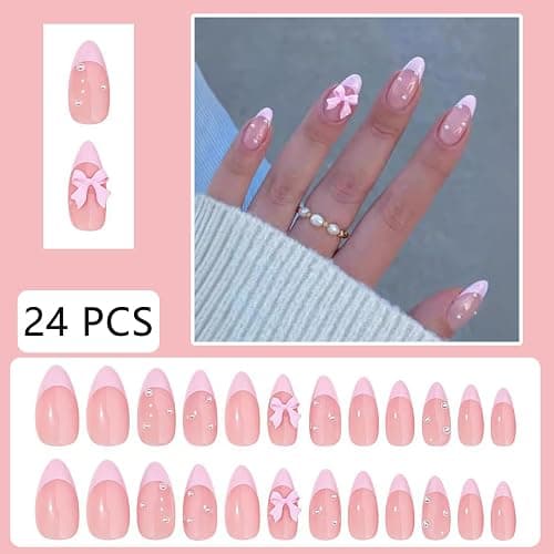 24Pcs Pink French Tip Press on Nails Almond Fake Nails with Bow Pearl Design Cute French False Nails Glossy Full Cover Artificial Acrylic Stick on Nails for Women Manicure Nail Decoration 24Pcs thumbnail 4