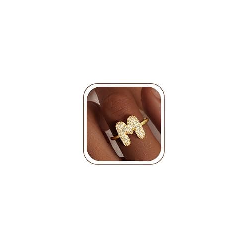 Mujahid Bubble Initial Ring Easter Basket Stuffers for Women, Fade-Proof 14k Gold Stackable Letter A-Z Rings Open Adjustable CZ Personalized Fashion Trendy Statement Jewelry - Image 1