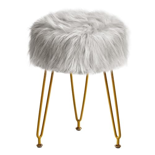 IBUYKE Faux Fur Vanity Stool Chair, Furry Makeup Stool Ottoman, Soft Padded Seat, Round Footrest Footstools with 4 Metal Legs, for Living Room Bedroom Entryway, Gray LG-32G - without storage - Grey - Image 1