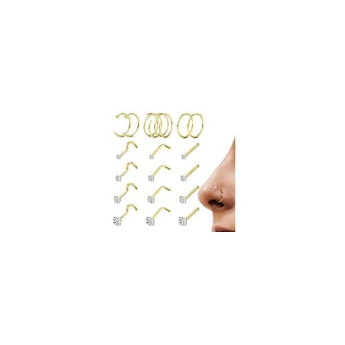 LOYALLOOK 18Pcs Nose Rings Studs - 316L Surgical Steel 14K Gold Plated Nose Studs Double Hoop Nose Ring for Women Men 18G/20G Nose Rings Stud Hypoallergenic Nose/Body Piercing Jewelry 1.5mm 2mm 2.5mm 3mm CZ - Image 1